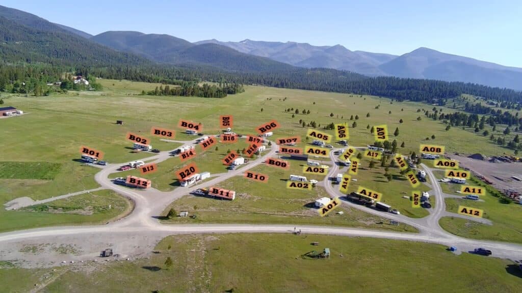 Aerial view and site layout of Lost Moose Meadows RV Campground in Lincoln, Montana