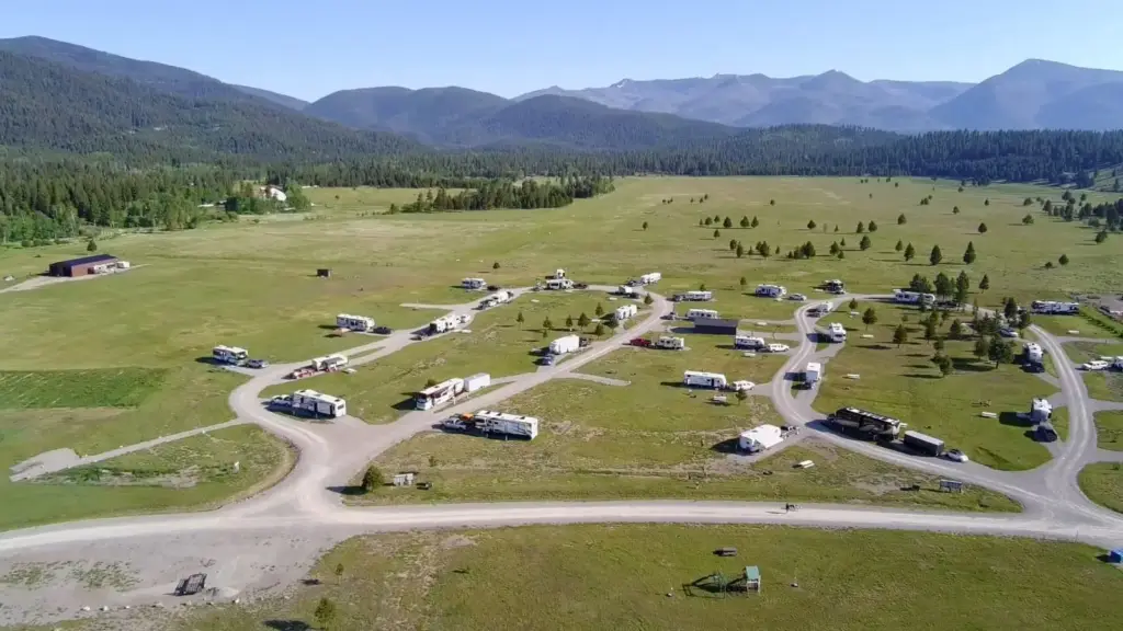 Aerial view of both campground loops showing the wide spacing between RV sites