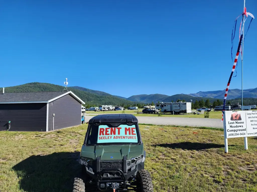 A rental UTV parked by the campground office